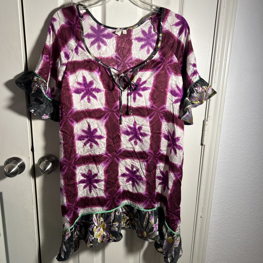 Eloise Dress Women XS Floral Shibori Blooms Short Sleeve Satin‎ Anthropologie